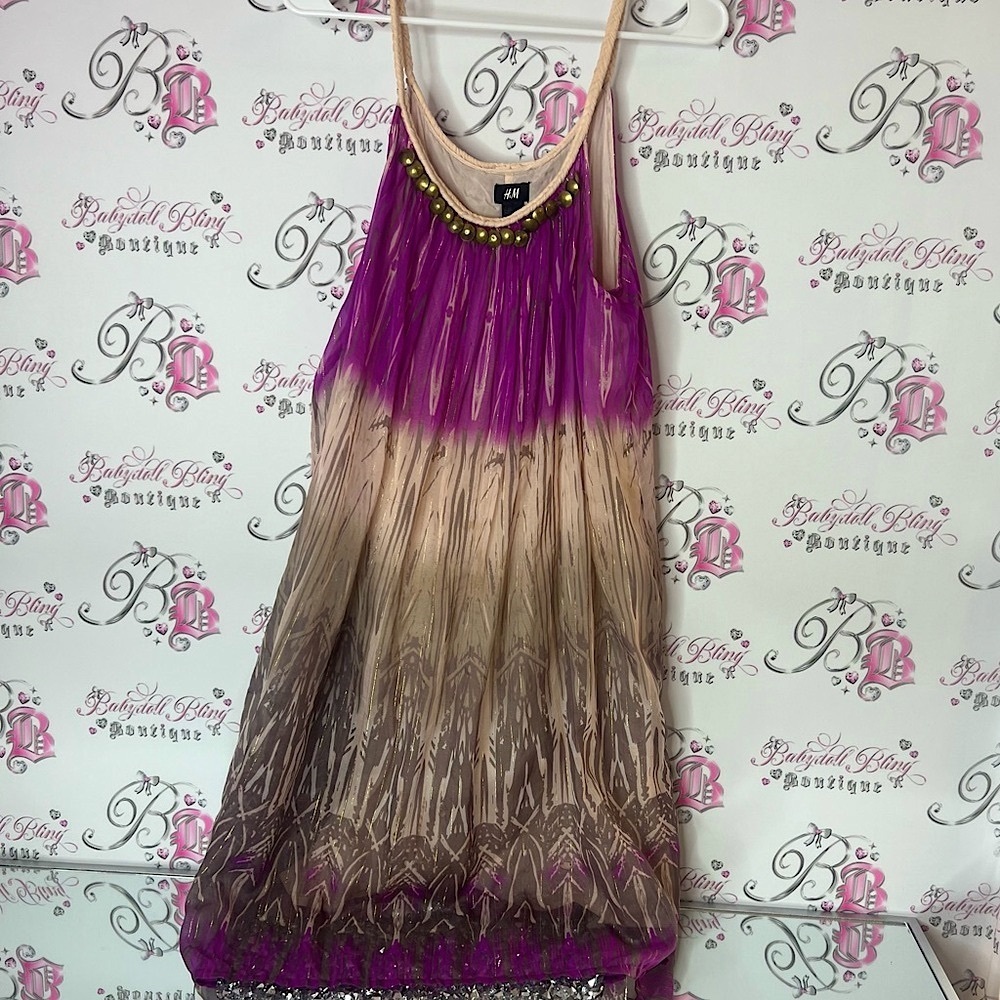 H&M Gradient Purple and Brown Dress embroidery beaded neckline ombré